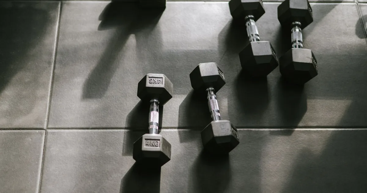Hexagonal dumbbells on a gym floor bathed in natural sunlight, creating dynamic shadows.