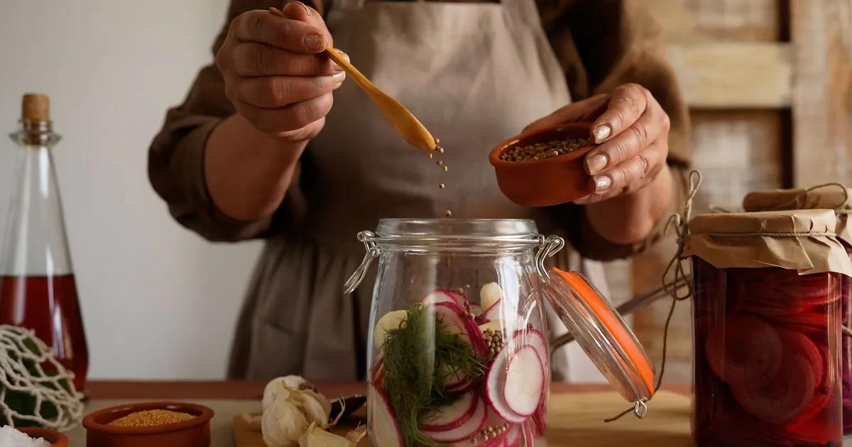 Hands preparing pickled vegetables in a jar, capturing a rustic and organic lifestyle.