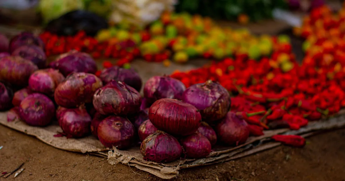 Vibrant display of fresh market produce with red onions, peppers, and more colorful vegetables.